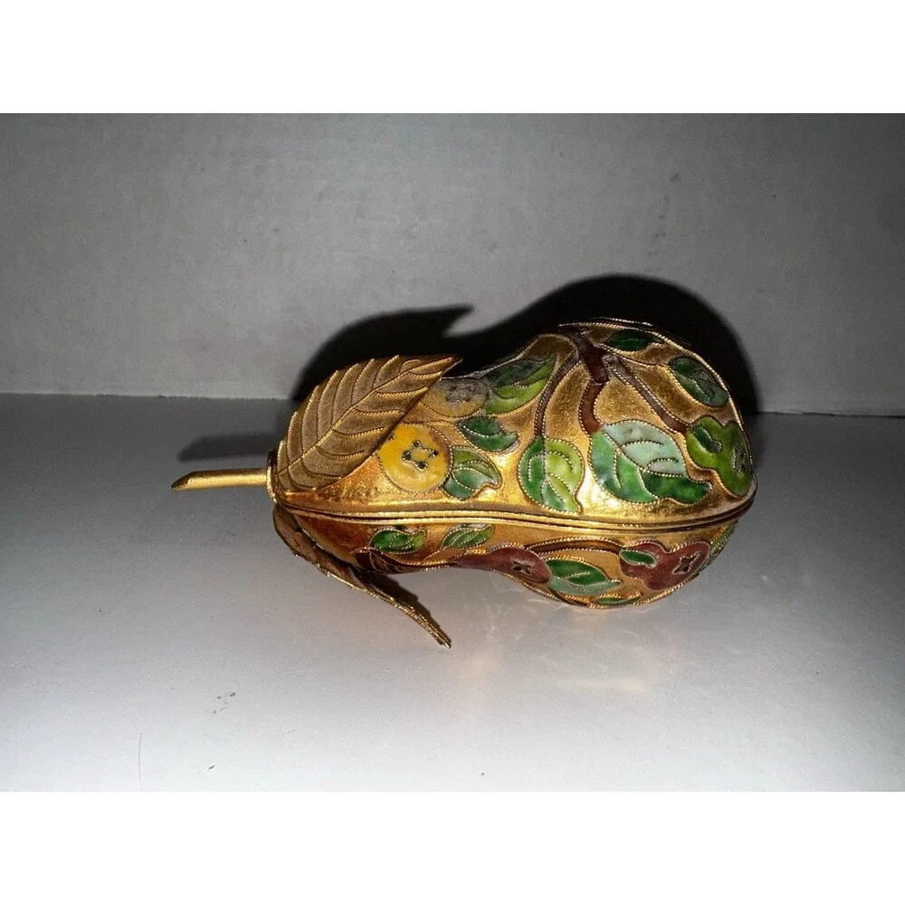 Vintage Cloisonné Pear Trinket Boxes Set of 3 Brass Enamel Lift-Off Lids